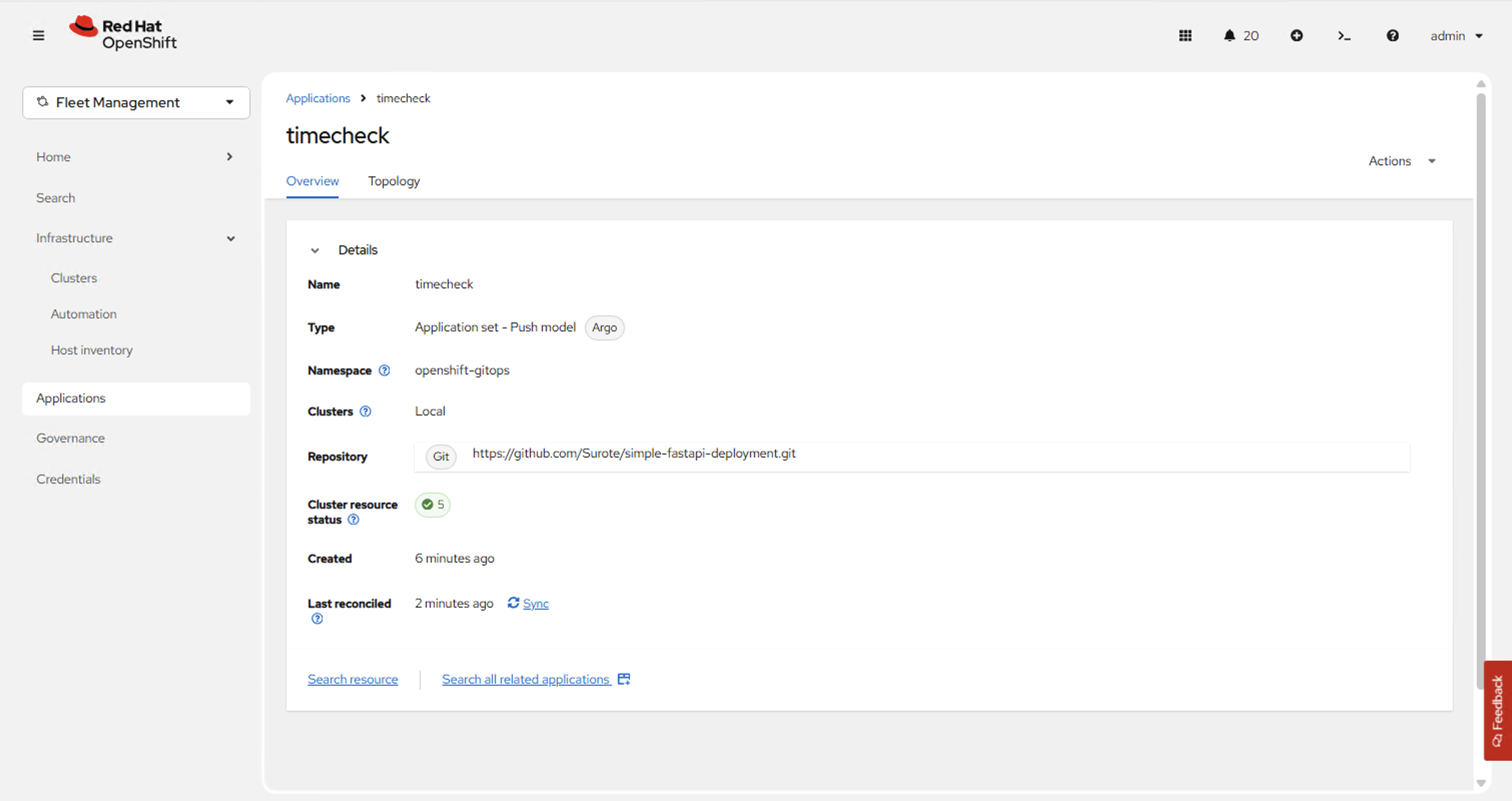 ACM Applications — timecheck ApplicationSet overview showing type Push model (Argo), Git repo, 5 cluster resources synced, namespace openshift-gitops