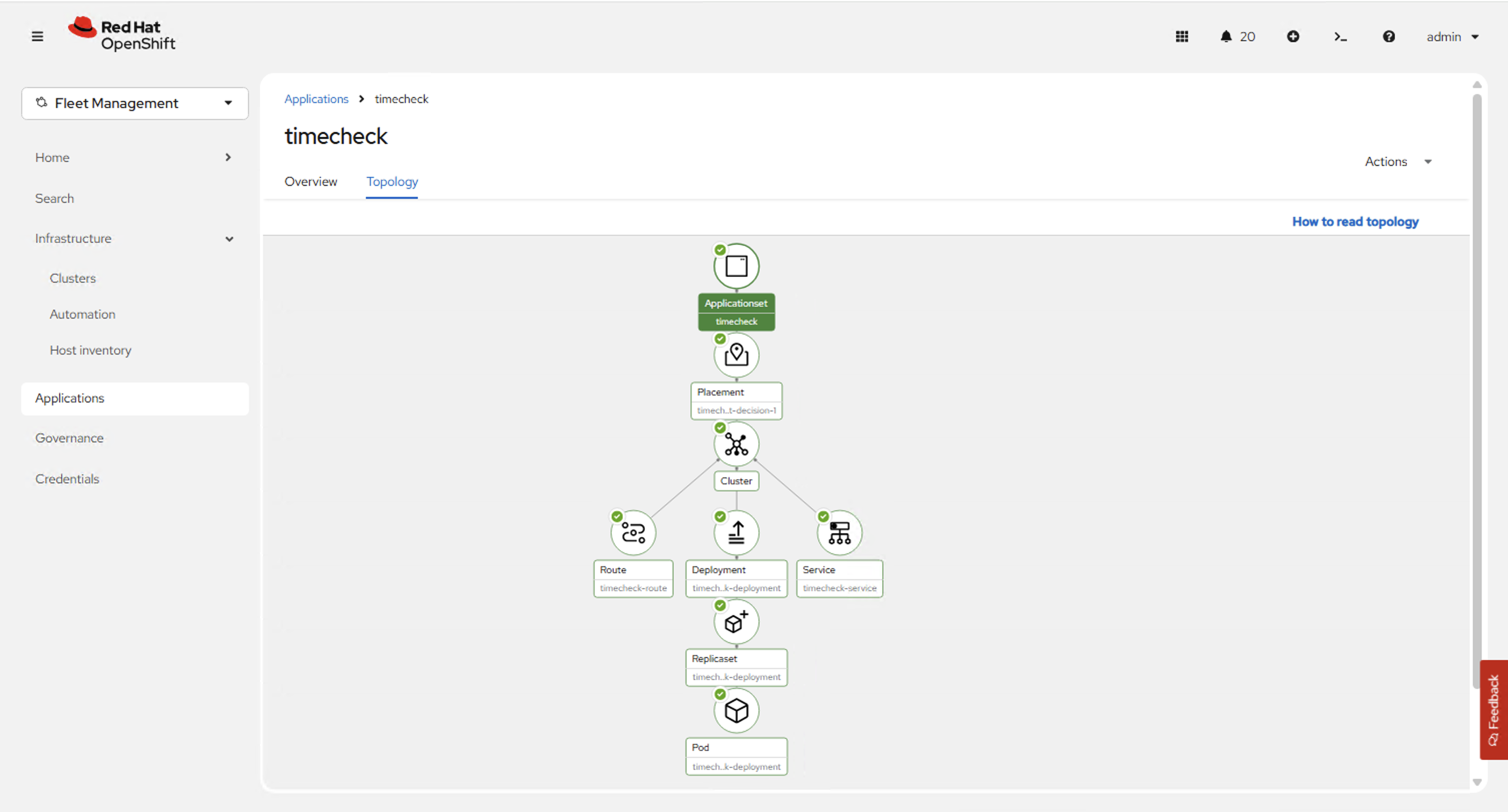 ACM Applications — timecheck topology tree: ApplicationSet → Placement → Cluster → Route, Deployment, Service → ReplicaSet → Pod, all green/healthy