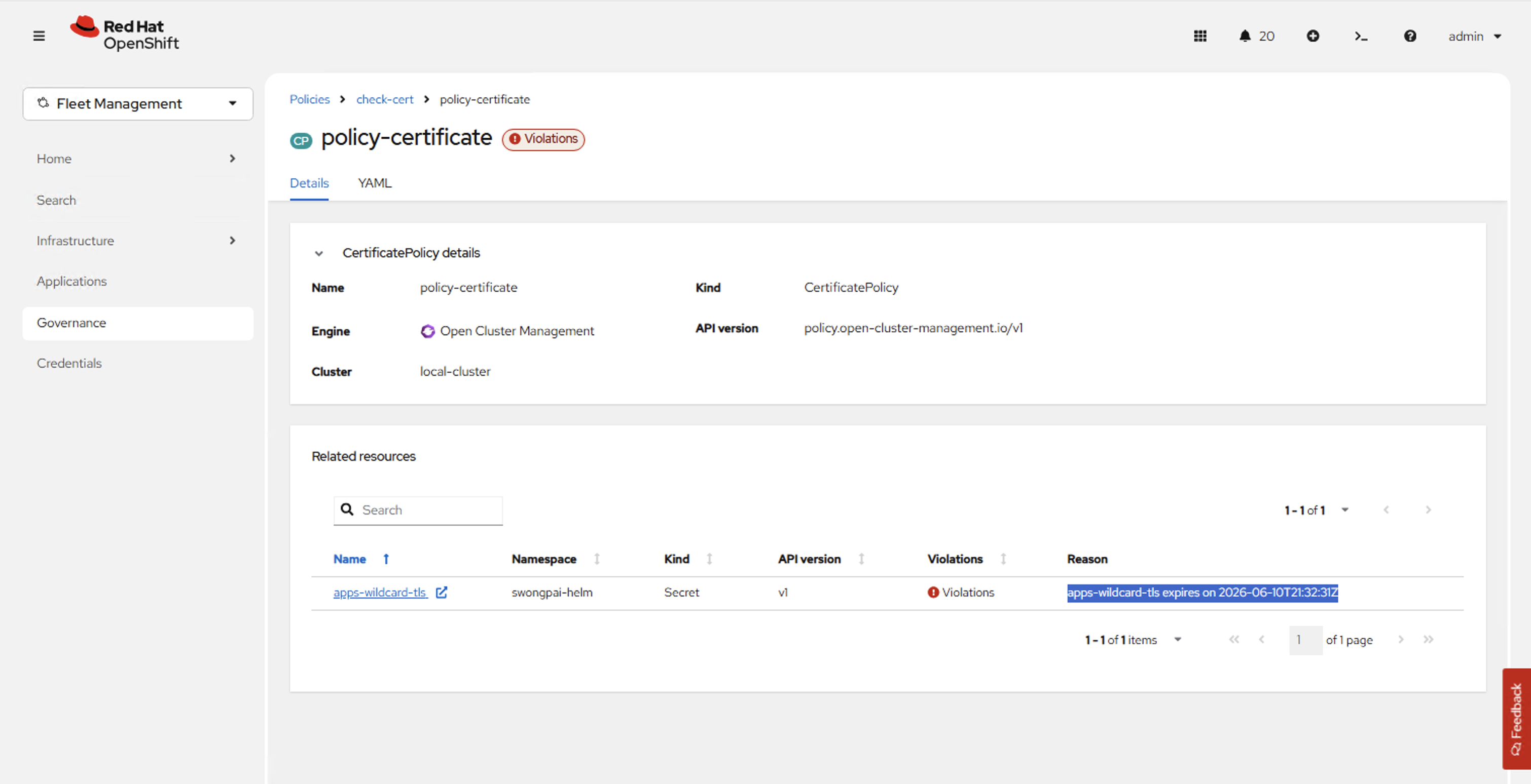 ACM Governance — policy-certificate shows Violations status, related resource apps-wildcard-tls Secret expiring on 2026-06-10