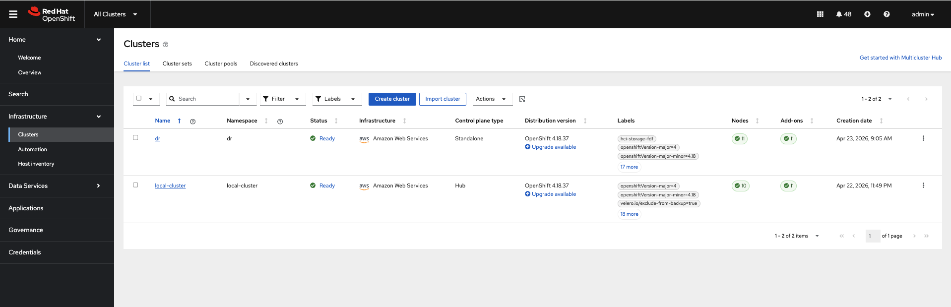 ACM Clusters view — managed cluster list with status, infrastructure, OCP version, labels, and node counts
