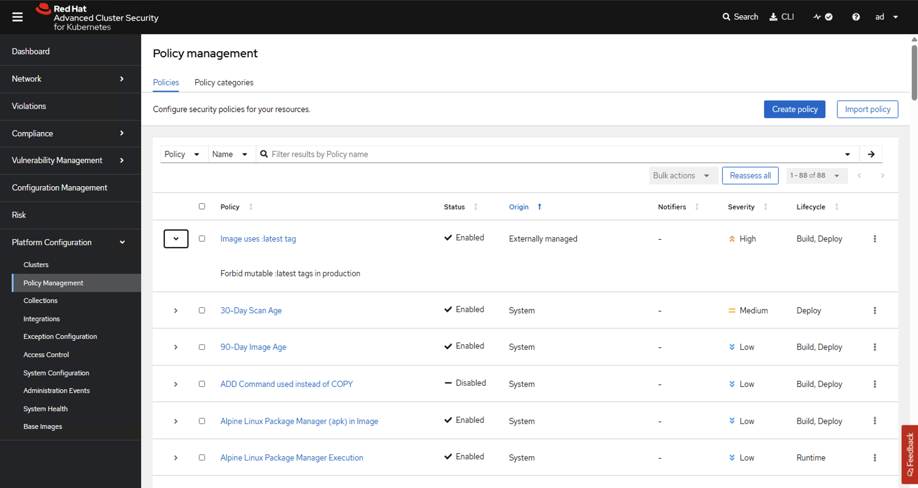 ACS Policy Management — 88 policies listed, 'Image uses :latest tag' shown as Enabled, Externally managed origin, High severity, Build/Deploy lifecycle