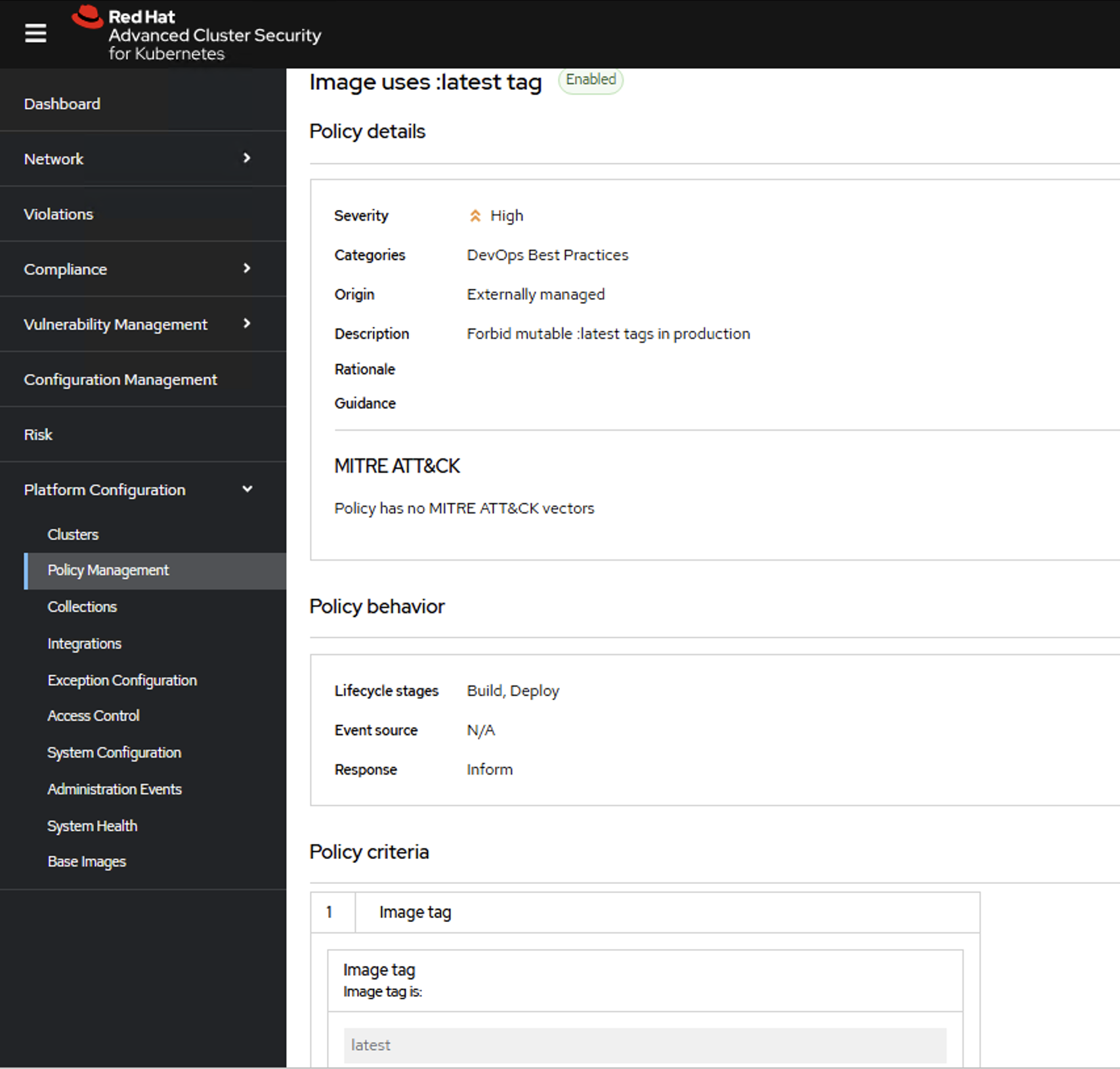 ACS policy detail — 'Image uses :latest tag', severity High, category DevOps Best Practices, origin Externally managed, lifecycle Build/Deploy, response Inform, criteria: Image tag is 'latest'