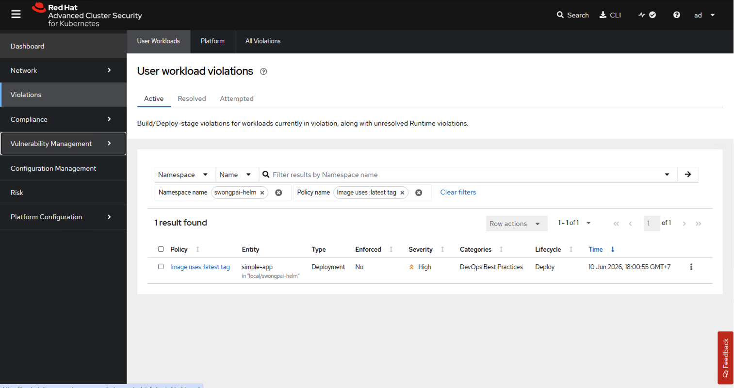 ACS Violations — 'Image uses :latest tag' violation on simple-app Deployment in swongpai-helm namespace, High severity, Deploy lifecycle, DevOps Best Practices category