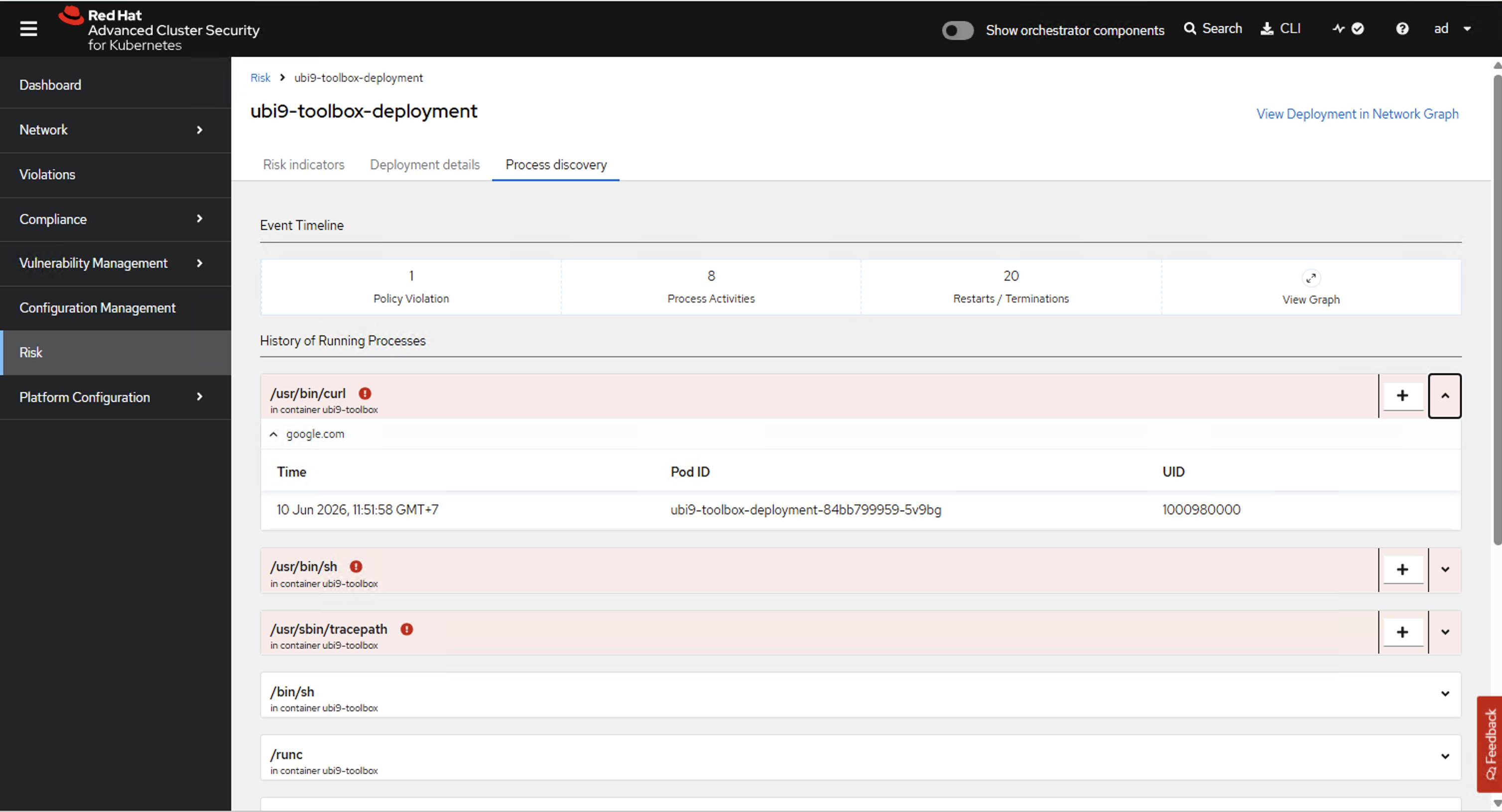 ACS Risk view — Process Discovery tab showing flagged processes /usr/bin/curl, /usr/bin/sh, /usr/sbin/tracepath in the ubi9-toolbox container with event timeline counts