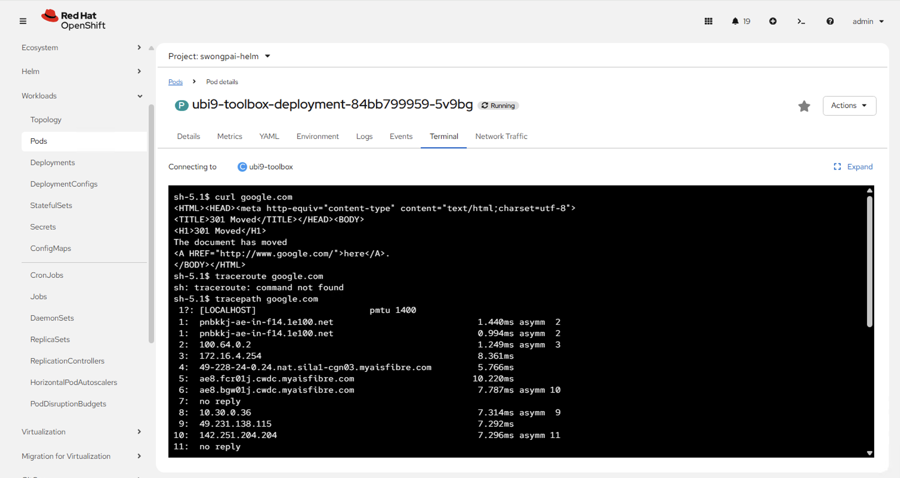 OpenShift console pod terminal — running curl google.com and tracepath google.com inside a ubi9-toolbox container