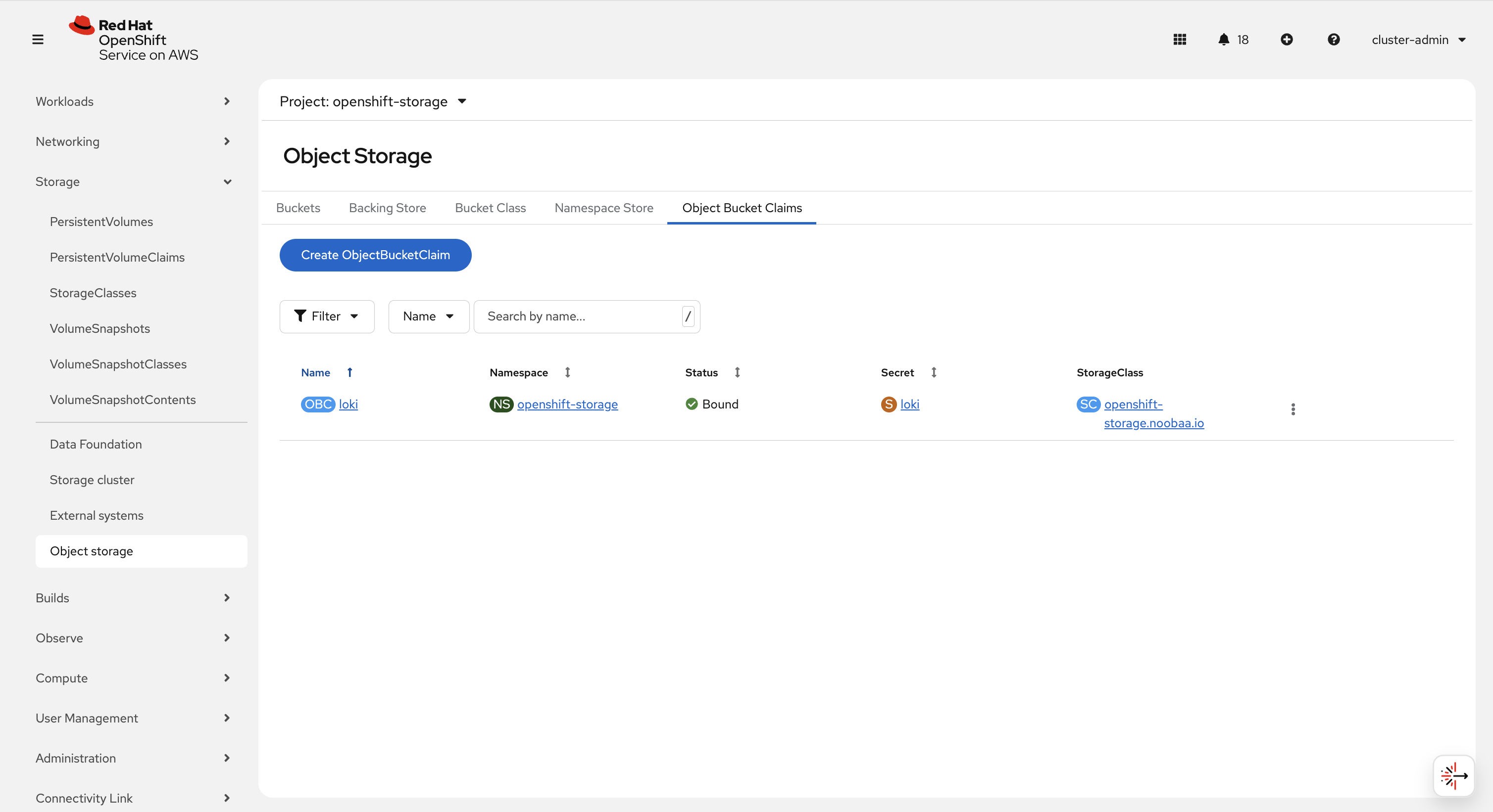 OpenShift Console Object Storage — Object Bucket Claims tab showing OBC 'loki' in openshift-storage namespace, Bound status, Secret 'loki', StorageClass openshift-storage.noobaa.io