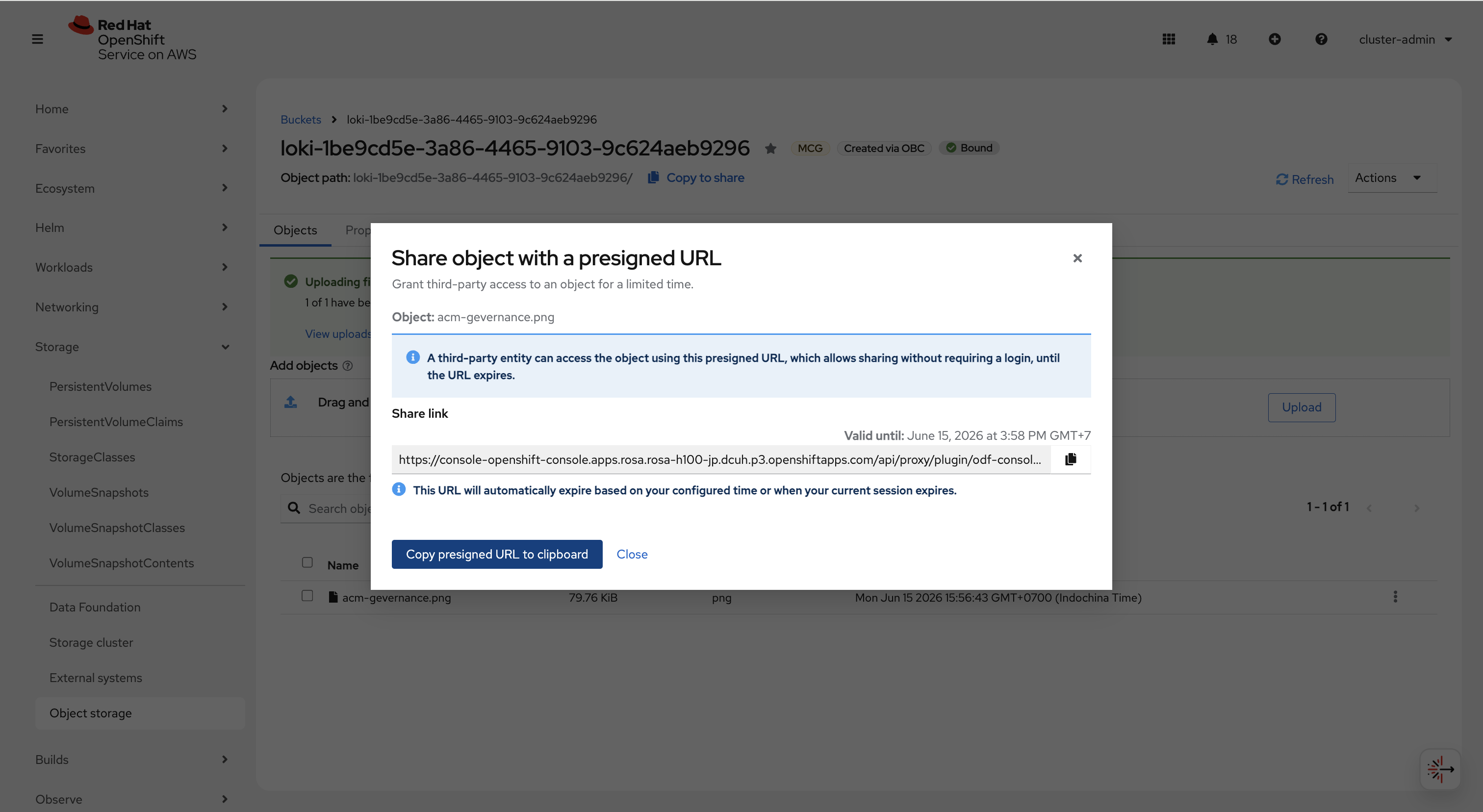 OpenShift Console Object Storage — Share object with presigned URL dialog, granting third-party access to acm-gevernance.png with expiry, copy presigned URL button