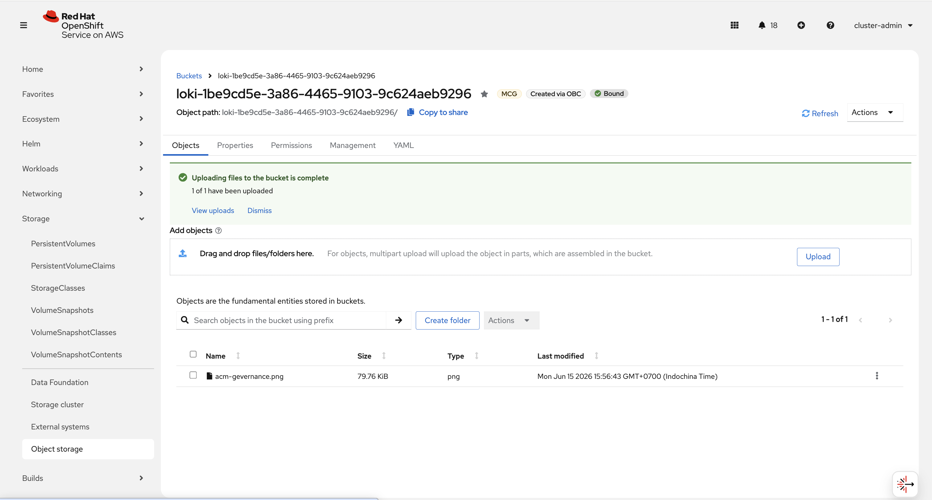 OpenShift Console Object Storage — Loki bucket detail showing Objects tab with uploaded file acm-gevernance.png (79.76 KiB), MCG badge, Created via OBC, Bound status, drag-and-drop upload area