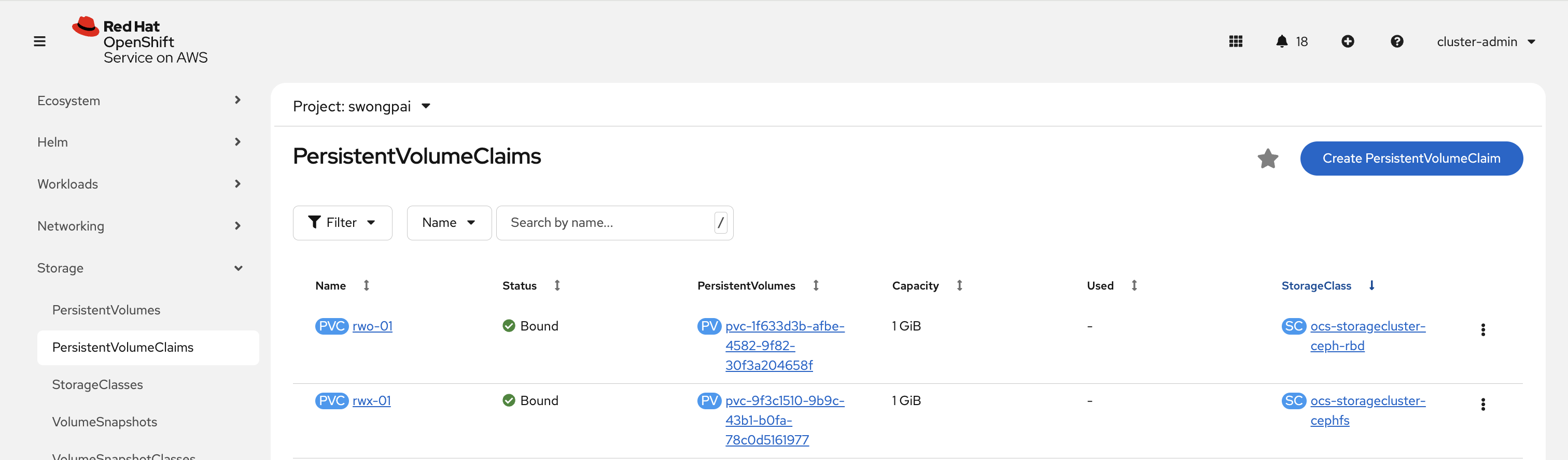 OpenShift Console PersistentVolumeClaims — rwo-01 Bound to ocs-storagecluster-ceph-rbd (1 GiB RWO), rwx-01 Bound to ocs-storagecluster-cephfs (1 GiB RWX)