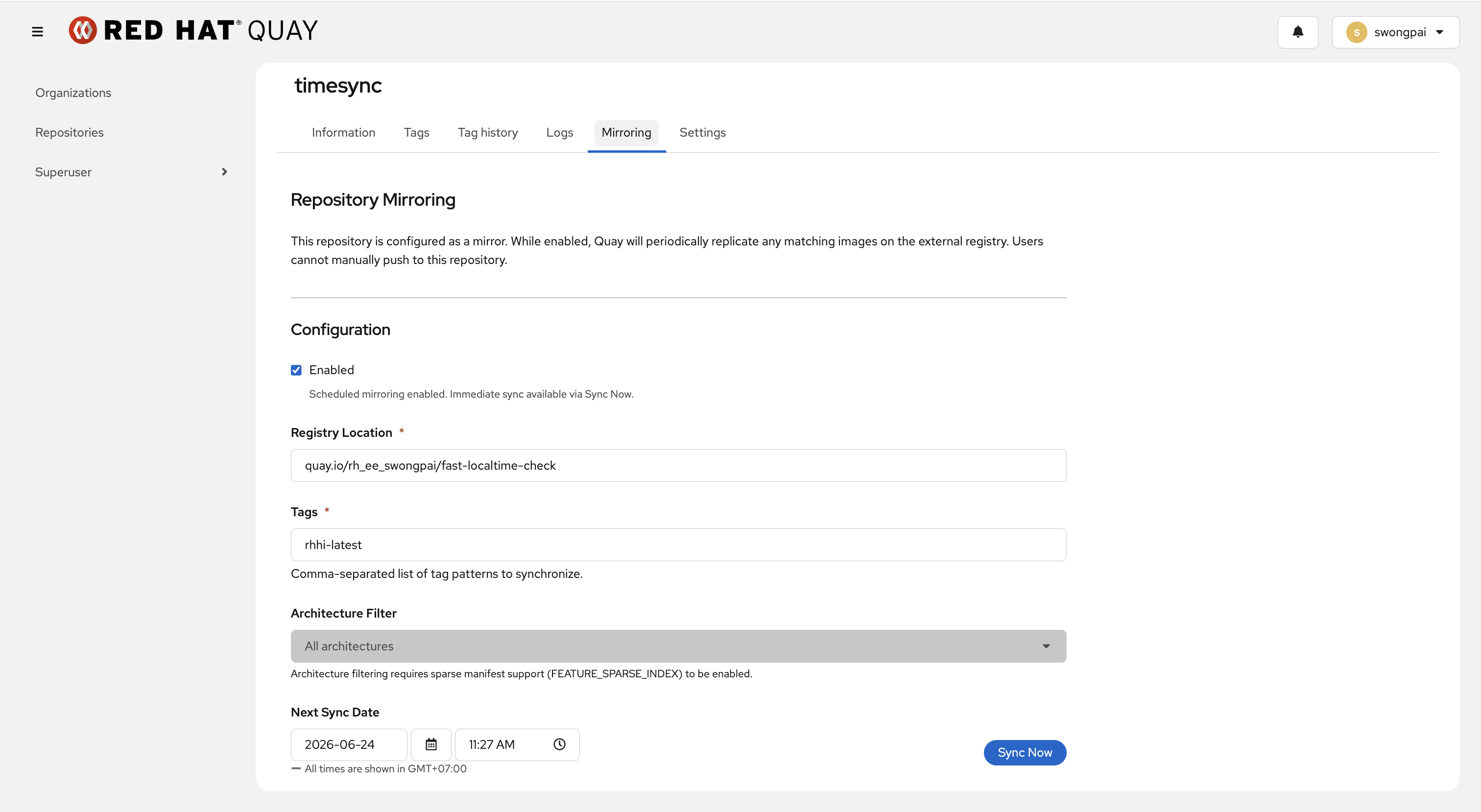 Red Hat Quay Repository Mirroring config for swongpai/timesync — Enabled, Registry Location quay.io/rh_ee_swongpai/fast-localtime-check, Tags rhhi-latest, All architectures, next sync date, Sync Now button