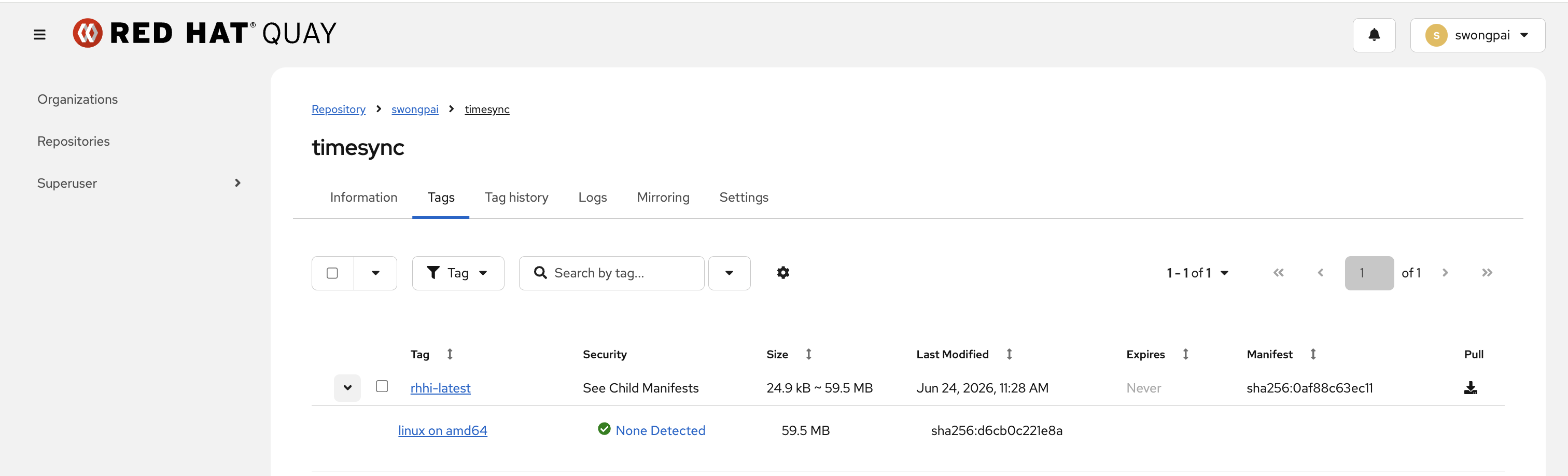 Red Hat Quay Tags tab for swongpai/timesync — rhhi-latest tag mirrored, 24.9 kB to 59.5 MB, linux/amd64 child manifest, security None Detected, SHA256 manifest digest