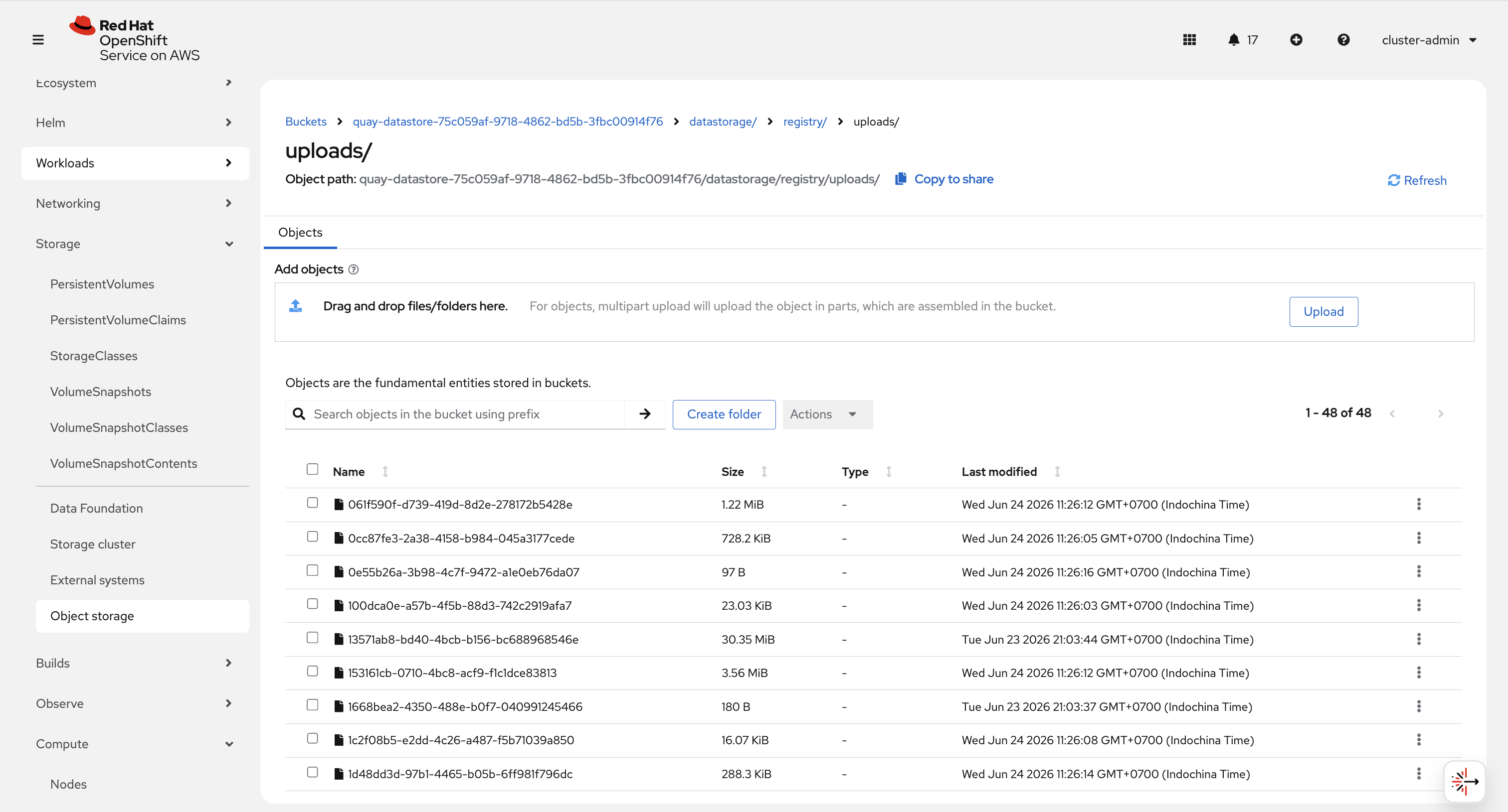 OpenShift Console Object Storage — browsing the quay-datastore NooBaa bucket at path datastorage/registry/uploads/, showing 48 image blob objects (UUID names, sizes from 97 B to 30.35 MiB) written by Quay via the S3 API