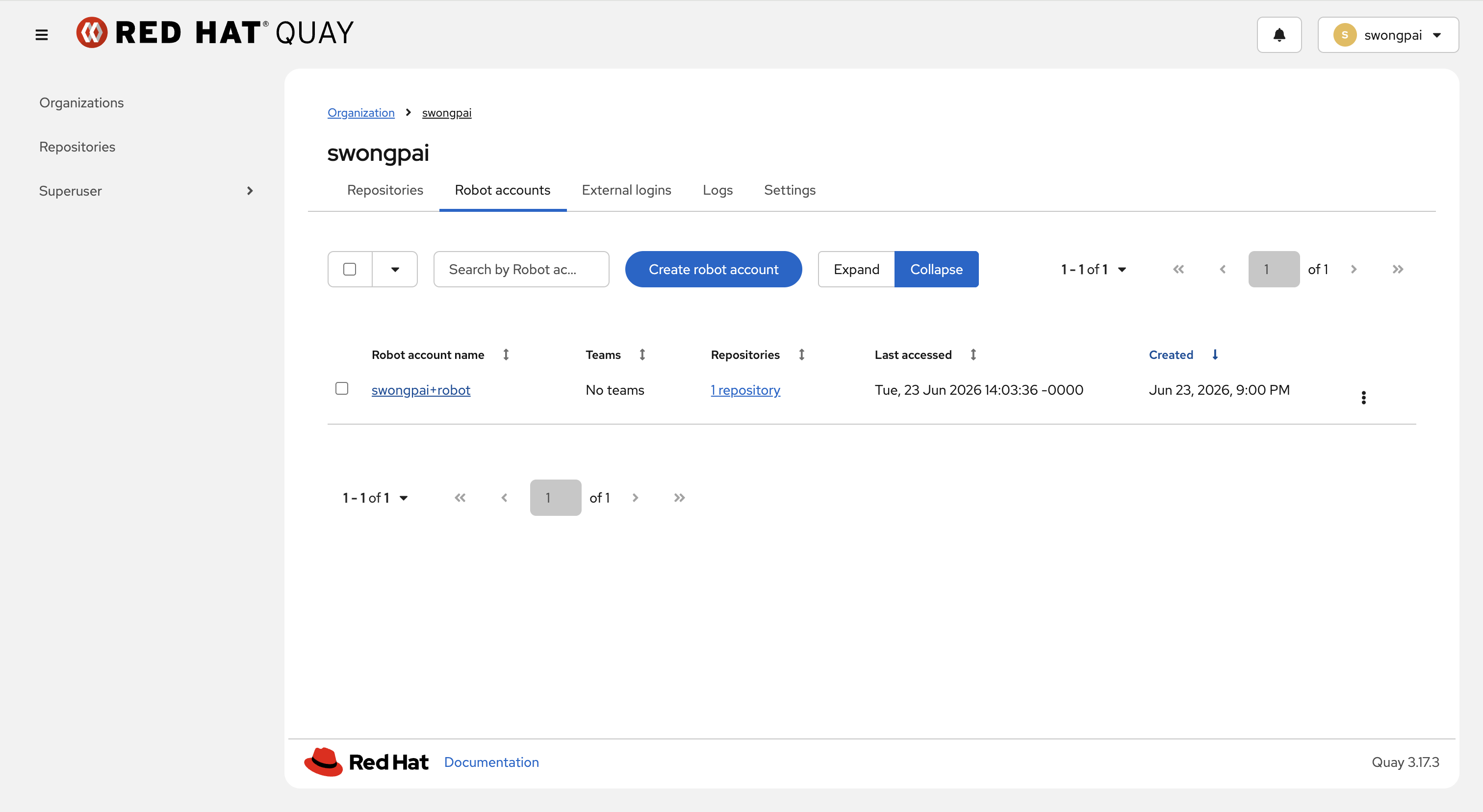 Red Hat Quay swongpai organization Robot accounts tab — robot account swongpai+robot, no teams, 1 repository, created Jun 23 2026, used as mirror pull credentials